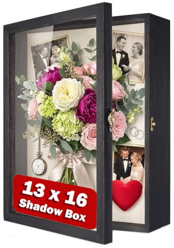 Image of TJ.MOREE Large Shadow Box 13x16 Flowers Display Case Wooden Picture Frame | Fits 12x15.6 Inserts with Linen Back Rustic Keepsake Box with Glass for Graduation Bridal Shower Wedding Gifts
