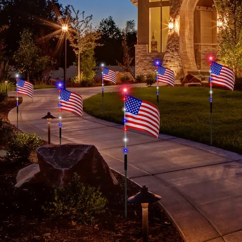 Image of 6 Flag Lights 4th of July Decorations 8 Lighting Modes, 6-in-1 American Flag Solar Lights, Memorial Day Decorations with Red White and Blue Lights for Independence Day Path Garden Decor Yard Pathway