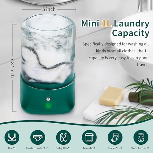 Image of Mini Portable Washing Machine - USB Rechargeable 1L Small Washer with 2 Modes Deep Cleaning for Underwear, Socks & Baby Clothes, Compact Travel Laundry for Apartment, Dorm, Camping, Green
