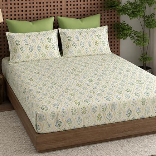 Image of THEA King Elastic Fitted Double Bedsheet Set| 100% Cotton Like Soft Fabric | Microfiber King Elastic Double Bedsheet for King Size Bed (72 X 78 x 10 inches) with 2 Pillow covers,Verdant Trellis