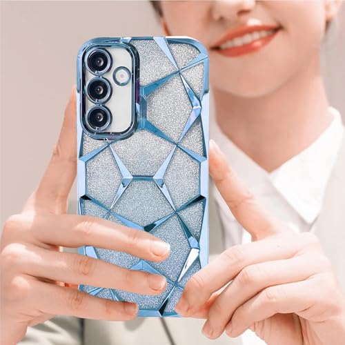 Image of VONZEE Gradient Glitter Clear Case for Samsung S25 Plus, Luxury Electroplated 3D Cube, Diamond Bling Shiny Soft TPU Clear Shockproof Women Girls Protective Phone Cover (Sierra Blue)