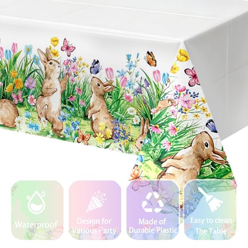 Image of OQOQ Easter Bunny Tablecloth (2 Packs) - 108x54 inches Easter Party Decorations Disposable Plastic Rabbit Table Cloths for Kids Birthday Party Spring Picnic Holiday Table Decor