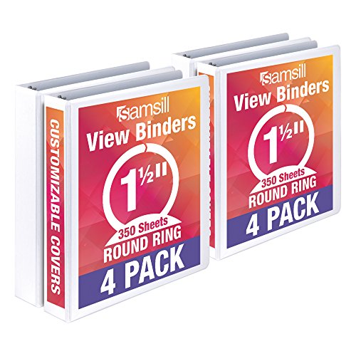 Samsill Economy 3 Ring Binder Organizer, 1.5 Inch Round Ring Binder, Customizable Clear View Cover, White Bulk Binder 4 Pack (I08557)
