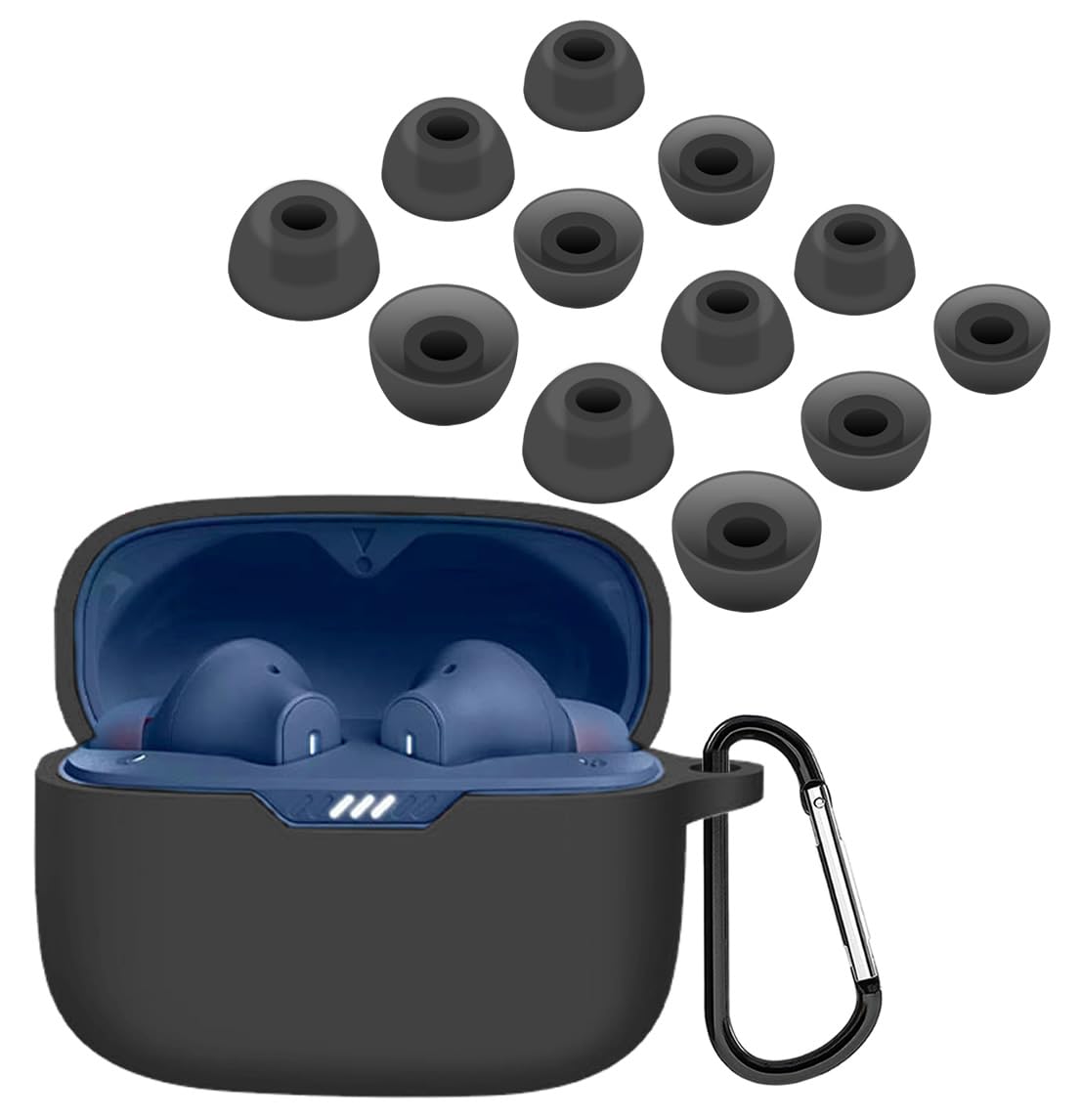 A-Focus for Tune 230NC TWS Case Ear Tips Set, Silicone Shockproof Protective Skin Cover with Carabiner and 6 Pairs Replacement Eartips Accessories