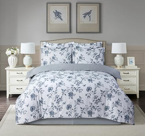 Majestic Giftware Madison Linen 8-Piece 48" Twin Size Bedding Set (BL100-48T-1) | Amalfi Orchard - Blue 300 Thread Count Cotton Sateen | 2 Fitted Sheets, 2 Duvets, 4 Pillowcases