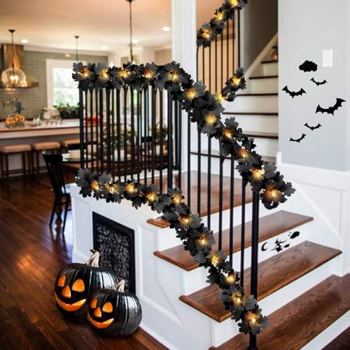 Image of 2 Pcs Black Leaf Garland with Yellow Lights, 11.8FT | Halloween Artificial Hanging Fall Leave Vines, 20 LED, Fall Floral Garlands, Thanksgiving Decor for Home Wedding Party