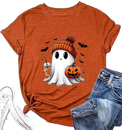 Women Fall Halloween Shirt Novelty Spooky Coffee Print Graphic Tees Pumpkin Thanksgiving Tops