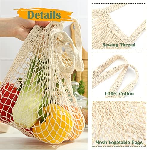 Greoer Net Bag String Bag, Net Shopping Bag, Washable Organic Cotton String Shopping Bags with Long Handle