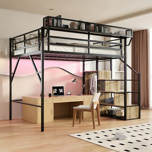 Image of Queen Size Metal Loft Bed with Storage Shelf Built-in USB Port | Heavy Duty Loft Bed with Storage Stairs & Wardrobe+ LED Lights, Large Under-Bed Area, Noise Free, No Box Spring Needed
