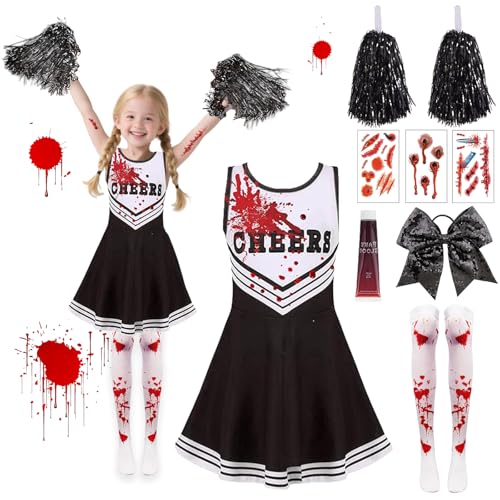Pddenality 9 PCS 130 Yards Zombie Cheerleader Costume Kids Set Cheerleader Outfit Kids Girls Halloween Costume Zombie School Girl Costumes Suitable for Attending Halloween or Parties