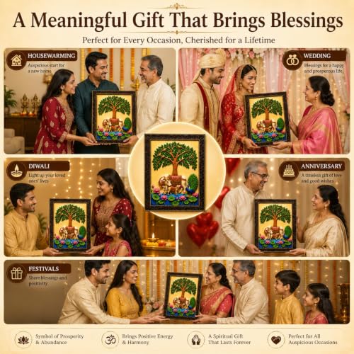 Image of Kamadhenu Cow & Calf Wall Photo Frame with Tree of Life, Peacock & Lotus |Religious Wall Decor for Living Room, Pooja Room & Bedroom | Vastu Home Decoration | Housewarming Gift