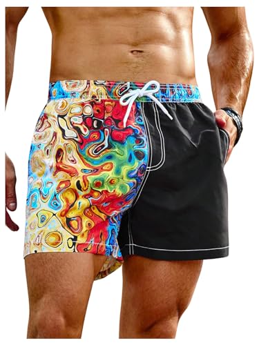 OYOANGLE Men's Color Block Printed Swim Trunks Summer Beach Shorts with Pocket Bathing Suits