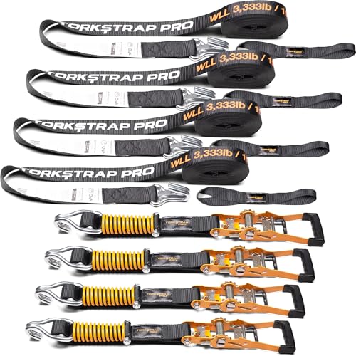 TorkStrap Pro 25 x 2 Self Tensioning Ratchet Straps (10 000LB Break Strength) - Adjusts to Load Shifts - Heavy Duty & Industrial Use - Extra Soft Loops - Heavy UTV Cargo ATV Trucks (4-Pack)