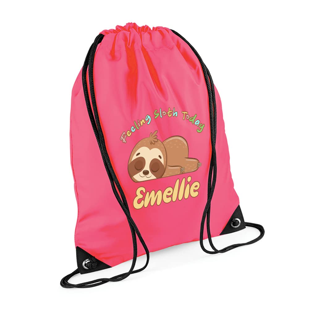 Getagift Sloth Design Bag, Personalised Bag, Custom With your Name, Animal Lover, Birthday, Christmas, Gift For Men-Women Drawstring Bag, PE Gym Kit Swimming, Sport Rucksack. (Fluorescent Pink)