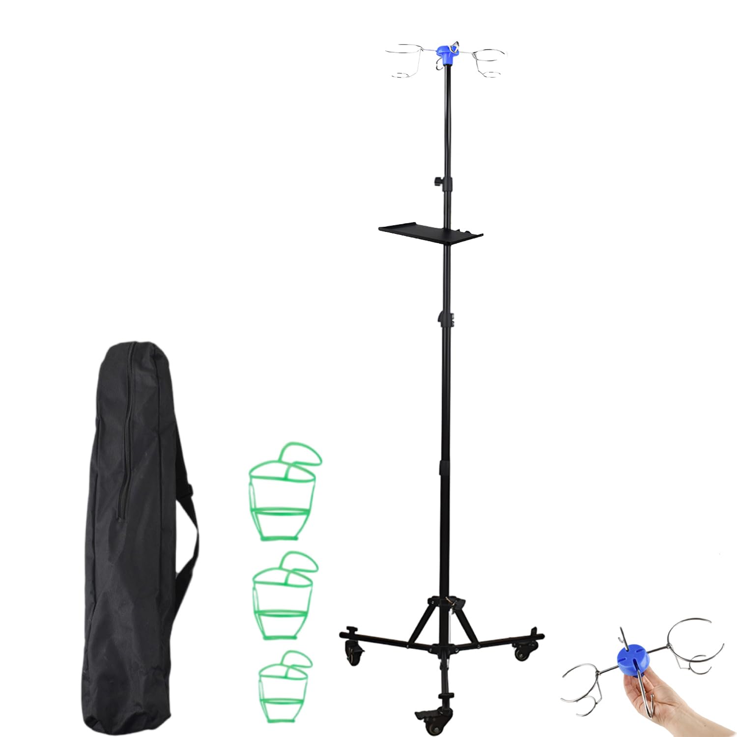 Soporte de infusión con ruedas, plegable, con soporte de acero inoxidable, gancho y paleta, soporte de infusión de acero inoxidable, altura ajustable de 90 a 190 cm