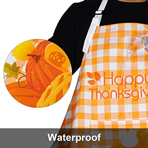 Claswcalor Happy Thanksgiving Apron With Pockets, Autumn Harvest Pumpkin Cooking Apron, Orange Checkered Apron For Women, Waterproof Adjustable Apron For Holiday, Party, Gift #TOP2