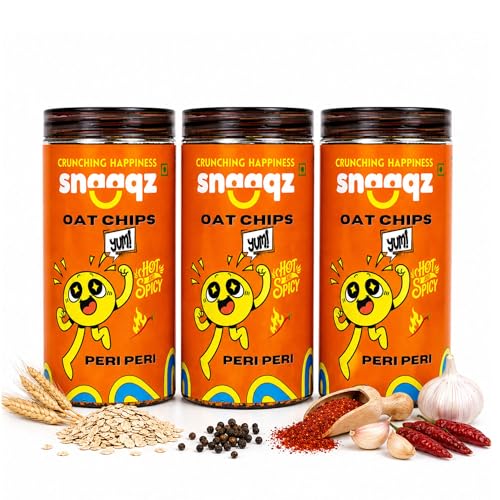Image of Snaaqz Peri Peri Oat Chips - Pack of 3 | Roasted & Palm Oil Free | Spicy Crunchy Oat Snack | High Fibre | 150g x 3