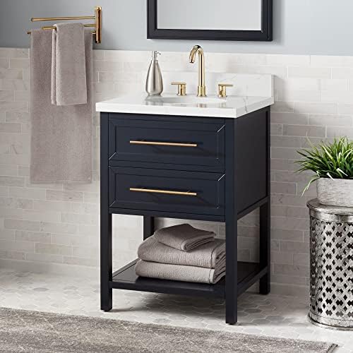 Signature Hardware 460544 Robertson 24" Free Standing Single Vanity Set with Mahogany Cabinet, Vanity Top, and Oval Undermount Vitreous China Sink - 3 Faucet Holes - Midnight Navy Blue/Feathered