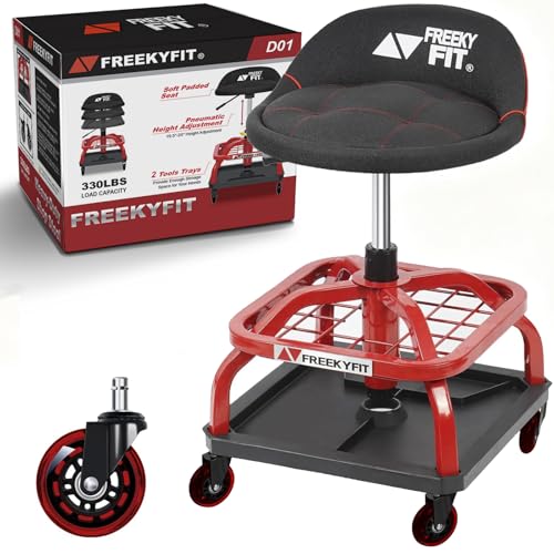 Image of Rolling Stool with Red Wheels, Heavy Duty Garage Work Mechanic Rolling Shop Stool with Backrest, Adjustable Height 360Swivel Roller Mechanic Chair with 2 Tool Trays, 330 LBS Capacity