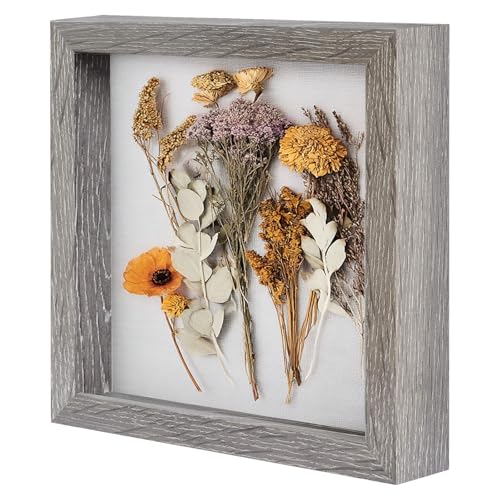 Image of Muzilife 8x8 Shadow Box Picture Frame with Linen Board Deep Wood Glass Display Case Memory Box Baby Sports Memorabilia, Pins, Awards, Medals, Wedding, Tickets and Photos (Texture Gray)