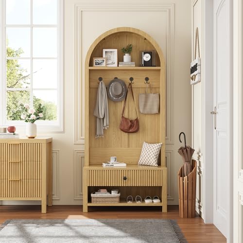 LSKTGA 70.86-inch Entryway Hall Tree, Farmhouse-Style Wooden Coat Rack Freestanding, Entryway Organizer with Four Hooks, Standing Shoe Rack with Bench for Hallways, Foyers, and Living Rooms, Natural