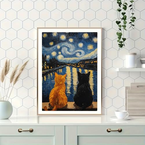 Image of HASTHIP DIY Diamond Painting Kit for Adult, Cat Starry Night DIY Diamond Art Canvas with Sparkling Resin Rhinestones, Craft Set Unframed Handmade Wall Decor Gift, 30x40cm