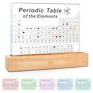 TINGLAN Periodic Table with Real Element Specimen, Science Class Specimen Solid Wood Base 7 Colors Lights Table Decoration Interesting Crafts,Gifts for Science Teachers Students,6.3x4.7 inch
