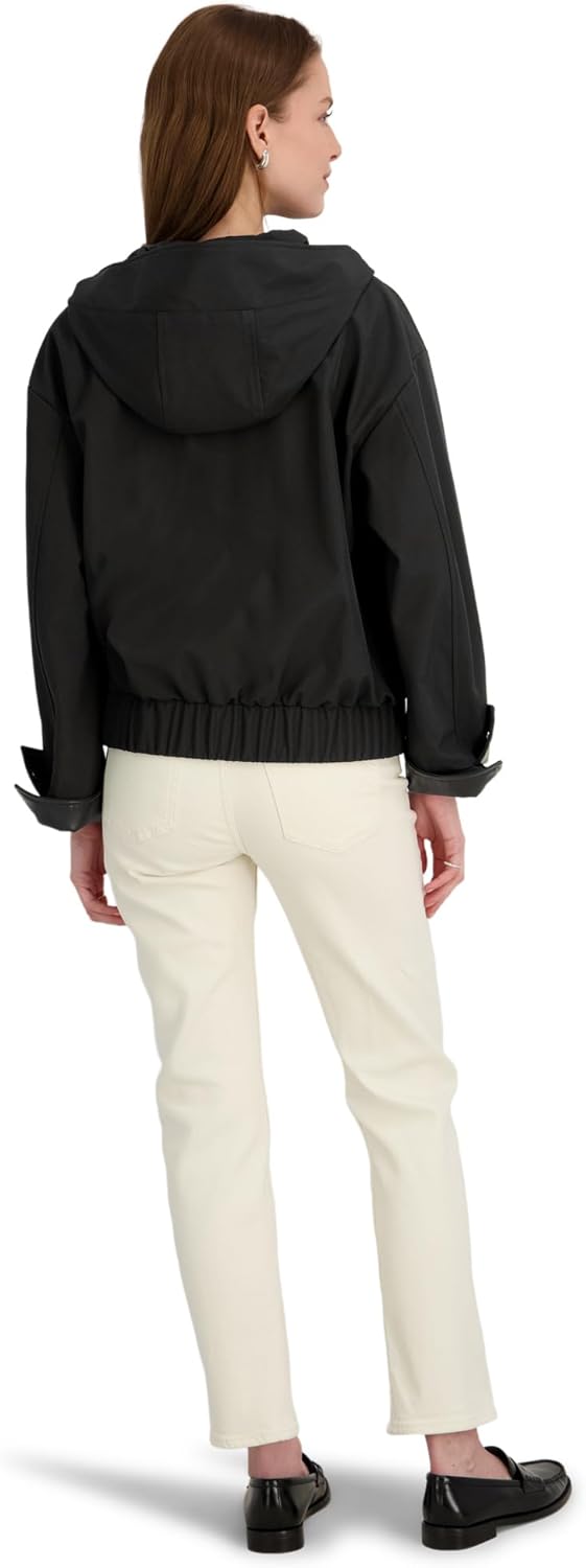 TAHARI Women's Leone Hooded Rain Bomber – Water-resistant Softshell Jacket Patch Pockets