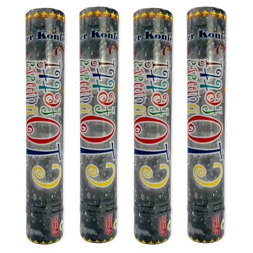Lot de 4 canons à confettis – 30 cm Party Popper en or ou argent, hauteur d’effet jusqu’à 5 m, lanceur de confettis pour Nouvel An, anniversaire & événements