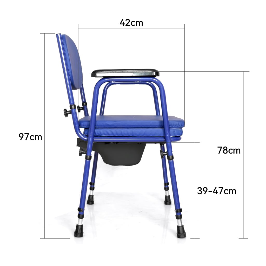 Akriva Toilettenstuhl mit Eimer, höhenverstellbarem Sitz und Rückenlehne，rutschfeste Füße, extra gepolsterter Sitz, WC Stuhl für Senioren & Pflege, Blau