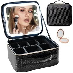 Maletin Elegante Mujer Bolsa de Maquillaje con Espejo de Luz LED. Neceser Organizador con almacenaje para cosmeticos. Estuche de Maquillaje para Viajes para Mujer (Negro Elegante)