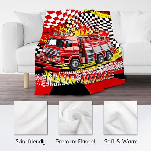 Boys Blanket, Fire Truck Blanket for Boys, Personalized Throw with Name, Custom Car Gifts for Kids, Warm Fleece Throw for Couch & Sofa, 40"x50"