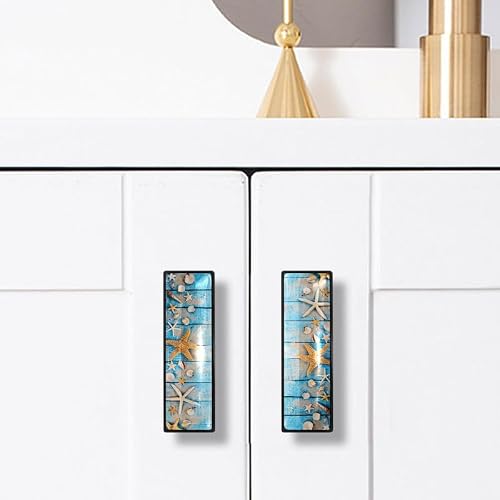 LORVIES 4 Pack 3.6" Ocean Decorative Cabinet Knobs, ABS Glass Rectangle Double Holes, Dresser Drawer Door Handles Pulls for Home Kitchen Decor (Starfish Shells Blue Wood) - Image 5
