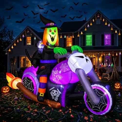 7FT Gaint Halloween Inflatables Witch on Motorcycle with Black Cat,Blow Up Outdoor Decorations with LED for Yard,Lawn, Garden, Porch and Party
