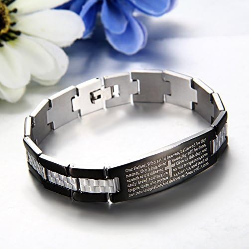 JewelryWe Herenarmband, 22 cm charme Engels bijbel gebed kruis religieus design, roestvrij staal, zwart zilver