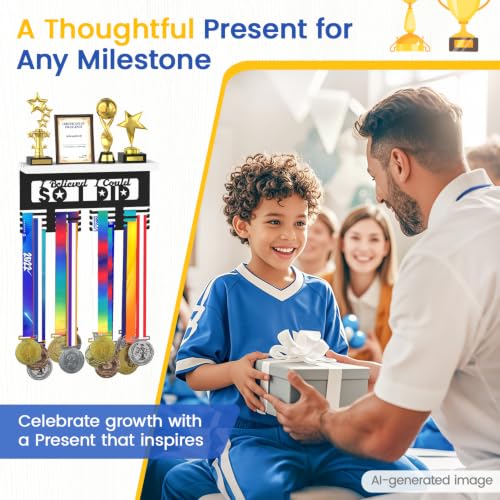 Image of Medal Holder Display Trophy Shelf Organizer, Sturdy Wooden Race Award Hanger Rack with 25 Steel Hooks, Wall Mount Storage Stand for Sports Fans, Cheer Success