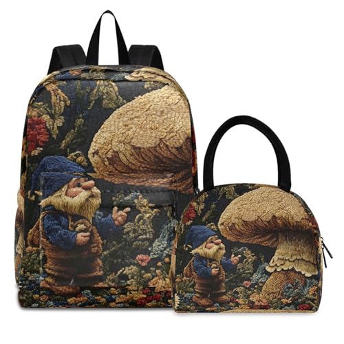 Backpack Lunch Box Set Large Capacity Travel Backpacks and Insulated Lunch Bag for Commute Hiking Picnic Mushroom Gnome Print
