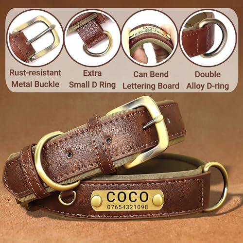 SEOUGEE Hundehalsband aus echtem Leder, personalisierbar, weich gepolstert, strapazierfähig, mit individuell graviertem Namensschild, verstellbar für kleine, mittelgroße und große Hunde (M, Braun