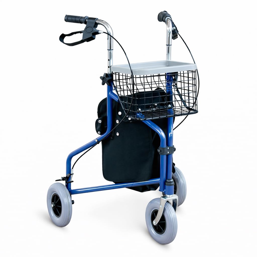 ALMA Andador para Ancianos de 3 Ruedas Delta, Ortopédico, Ligero y Plegable, con Frenos y Bloqueo, Cesta y Bolsa, Altura Regulable, Manejable en Espacios Estrechos, para Adultos y Personas Mayores
