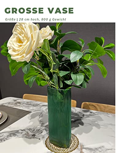 Tulpenvaas voor woonkamer, decoratie, 28 cm x 11 cm, vaas voor pampasgras, driehoek groen glas, bloemenvaas, tafeldecoratie, eettafel - Afbeelding 4