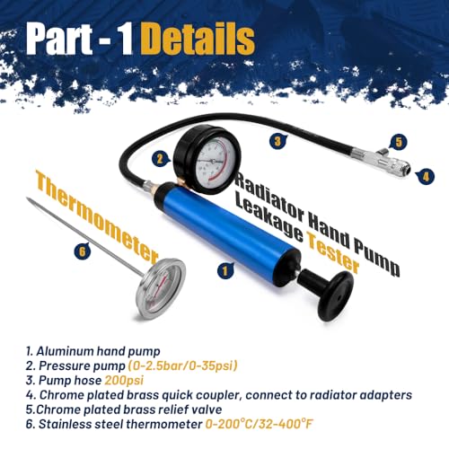 Image of 21pc Coolant Pressure Tester Kit, 15 Radiator Adapters & Wrench, with Vacuum Pump & Probe Thermometer for Automotive Cooling System Pressure Tester Kit