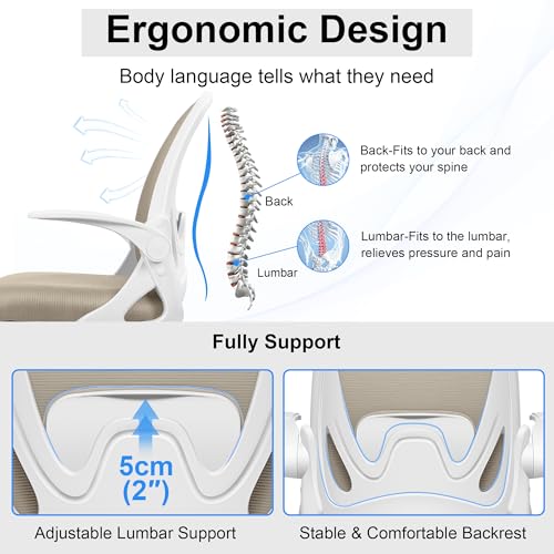 Image of Drafting Chair Tall Office Chair with Flip-up Armrests, Adjustable Height, and Enhanced Lumbar Support - Ergonomic Rolling Stool, Back Support, and Adjustable Foot Rest Ring for Standing Desk Khaki