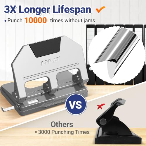 Image of AFMAT 3 Hole Punch Heavy Duty, 9 /32 inch Hole Diameter, 50-Sheet 3 Hole Puncher for Binder, 50% Reduced Effort, Metal Three Hole Punch w / 10,000+ Uses, Bulit-in S.S. Paper Guide, Large Chip Tray, HPX5