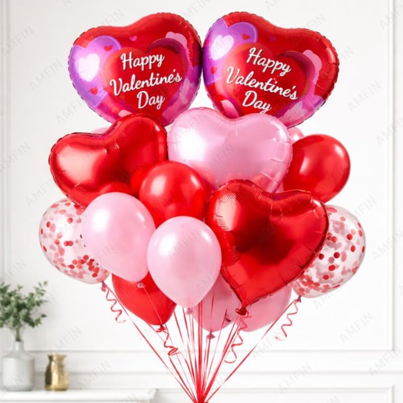 Image of AMFIN (Pack of 14) Happy Valentine's Day Balloon Decoration Set | Romantic Heart Foil Bouquet Metallic Helium Bunch Proposal Anniversary Celebration Party Decor - Red Purple