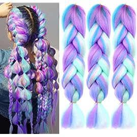 Kanekalon Ombre 4 Colors Mix Braiding Hair 3pcs Extensions Jumbo Hair Rainbow Color Colorful Twist Braid wigs Dreadlocks (Pink/Purple/Green/Blue/Light Cyan) (Lot 24Inch)