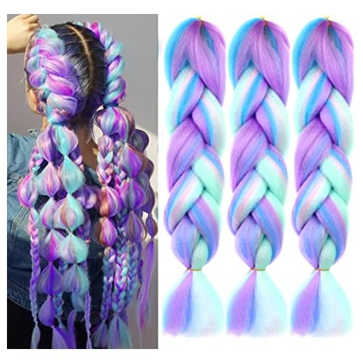 Kanekalon Ombre 4 Colors Mix Braiding Hair 3pcs Extensions Jumbo Hair Rainbow Color Colorful Twist Braid wigs Dreadlocks (Pink/Purple/Green/Blue/Light Cyan) (Lot 24Inch)