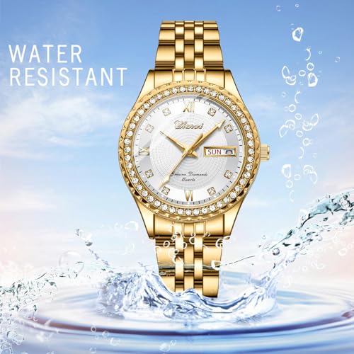 Image of JewelryWe Couple Gold Quartz Watch: Business Analog Full Diamond Day Date 3ATM Waterproof Luminous Hands Stainless Steel Removable Strap Casual Wrist Watch for Father's Day