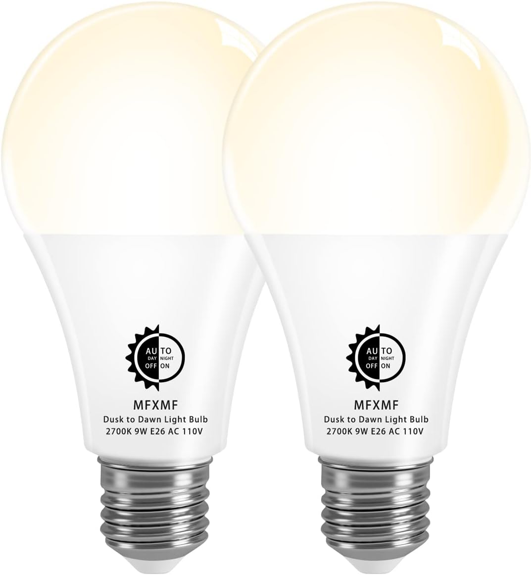 mfxmf Dusk to Dawn Light Sensor Bulbs 2 Pack, 2700K Daylight Automatic On/Off Outdoor Light Bulb
