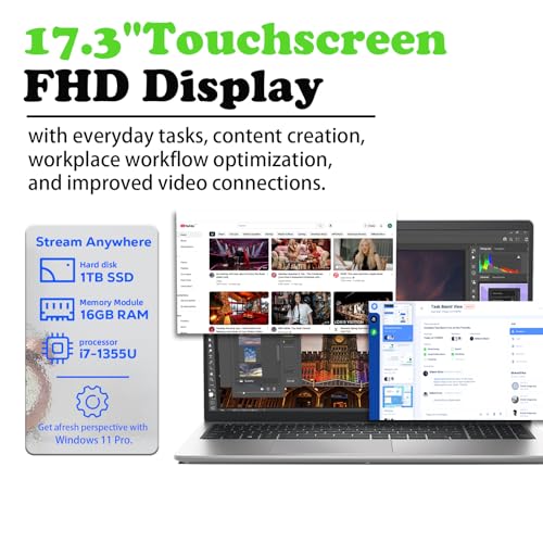 Image of HP 17.3 inch FHD+ Touchscreen Business Laptop - Intel Core i7-1355U Processor, Intel Iris Xe, WiFi 6, HD Webcam, BrightView, 250 nits, Win 11 Pro, w /Hoouwrd Accessories (16GB RAM | 1TB SSD)