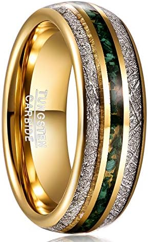 SFERT Mens Wedding Band 8mm Tungsten Rings for Men with Green Opal and Meteorite Inlay Engagement Band Beveled Edges Comfort Fit Size 8.5